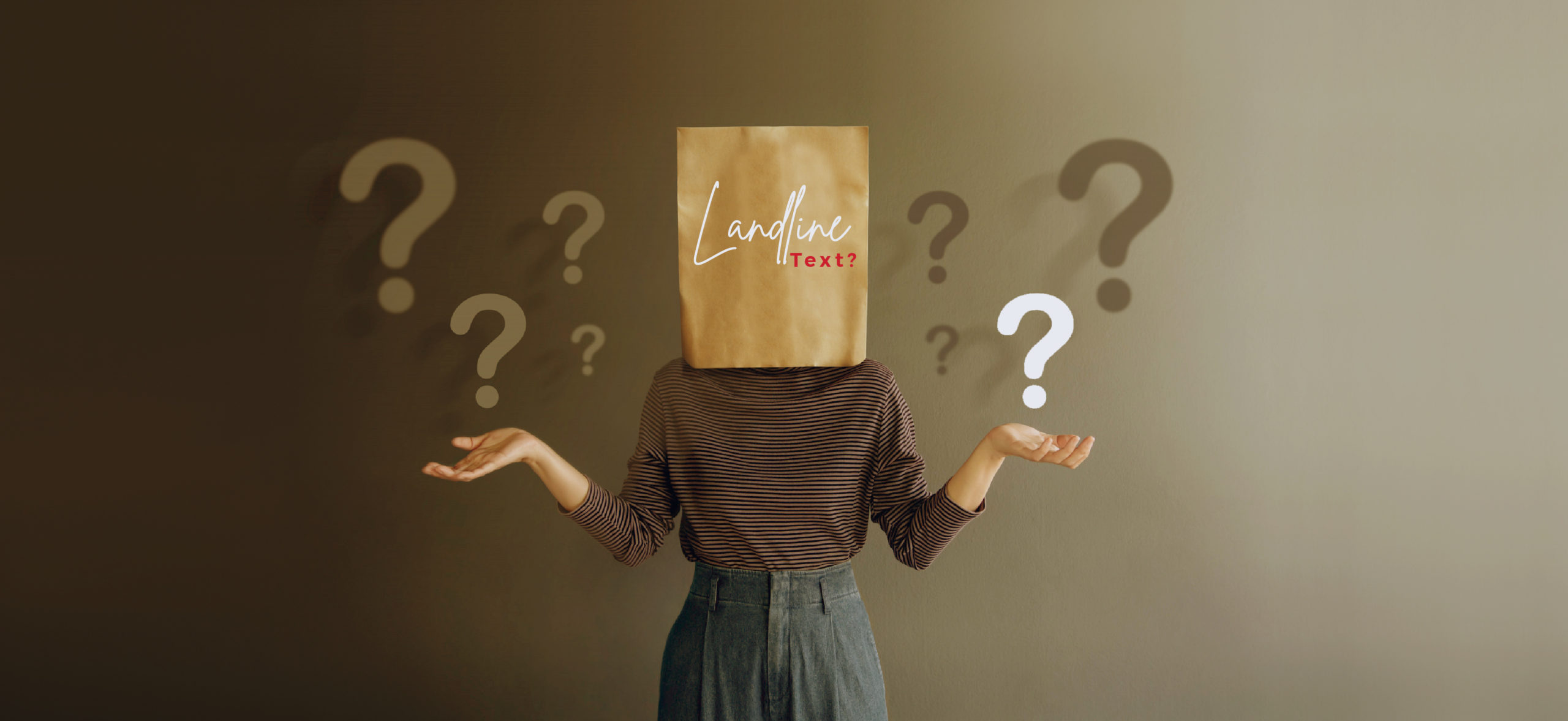 A person standing with a paper bag over their head with their arms stretched to the sides and hands facing up looking as if they don't have a clue and need answers.